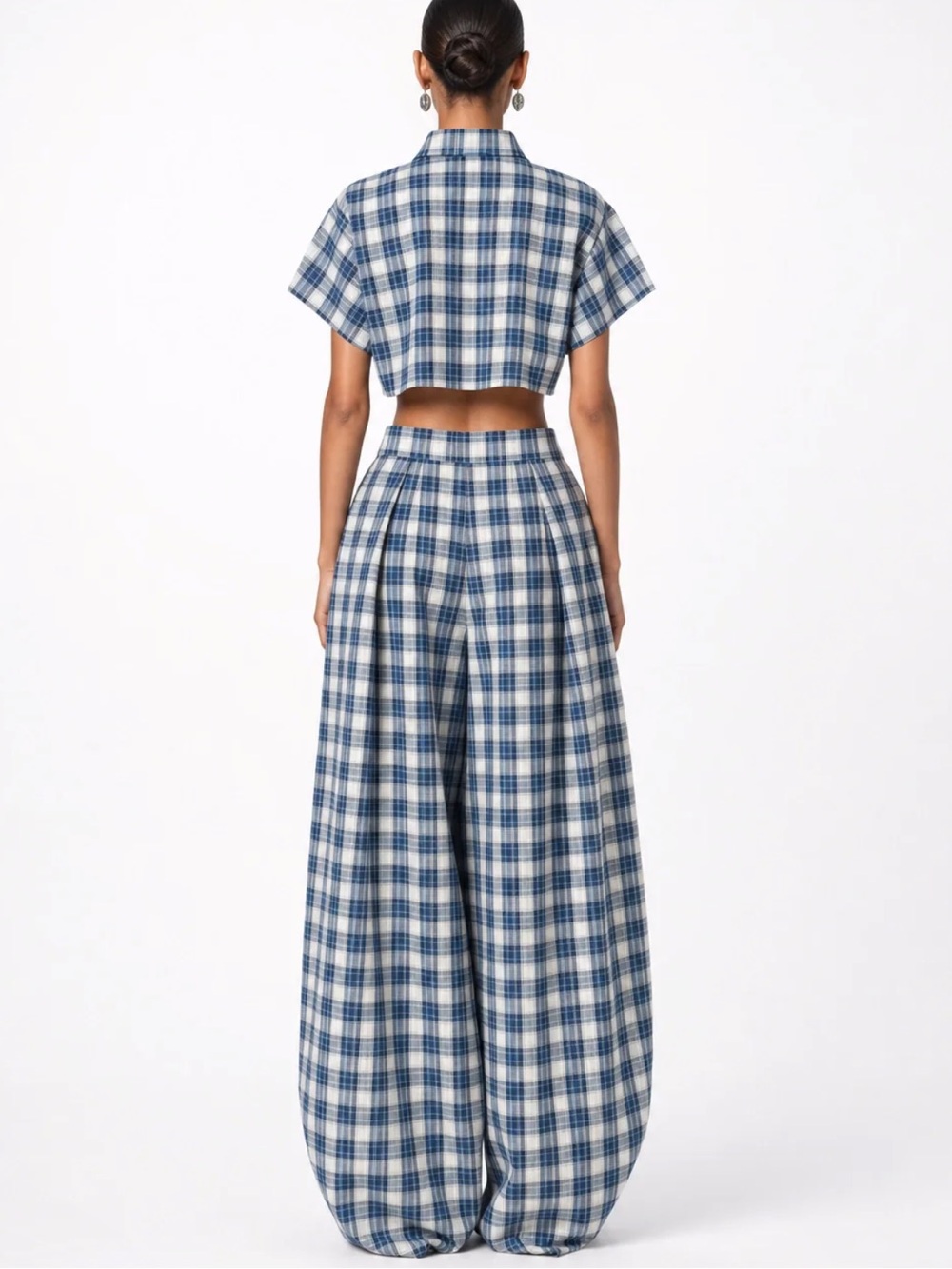 Plaid Wide-Leg High-Waist Pants in Blue and White - Picture 3 of 3